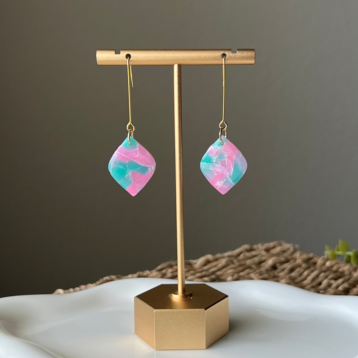 Teal & Pink Marbled Diamond Shaped Polymer Clay  Dangle Earrings