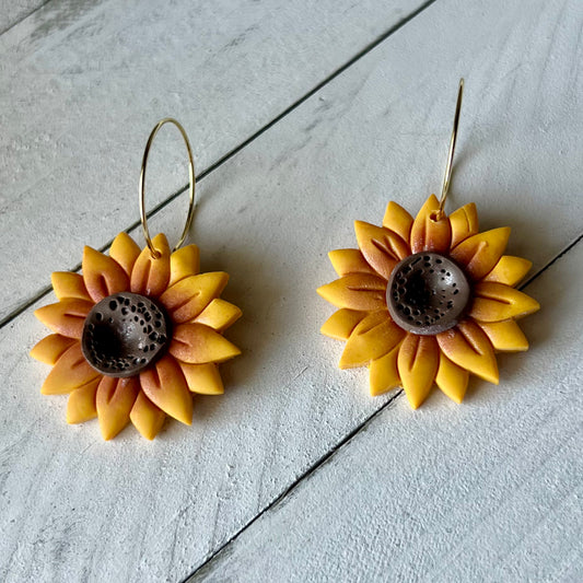 Sunflower Polymer Clay Hoop Earrings