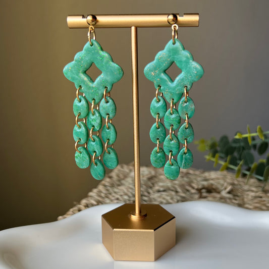 Green Marbled Chandelier Polymer Clay Statement Dangle Earrings