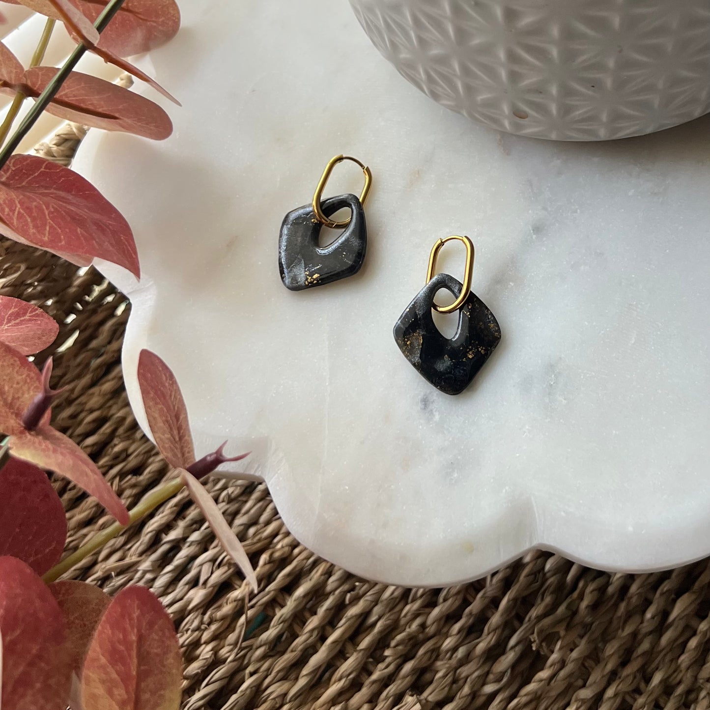 Black Marbled Polymer Clay Dangle Earrings with stainless steel huggie hoops