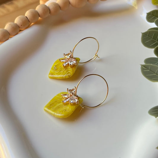 Yellow Marbled Diamond Shaped Polymer Clay Hoop Earrings with Bow CZ Pendant