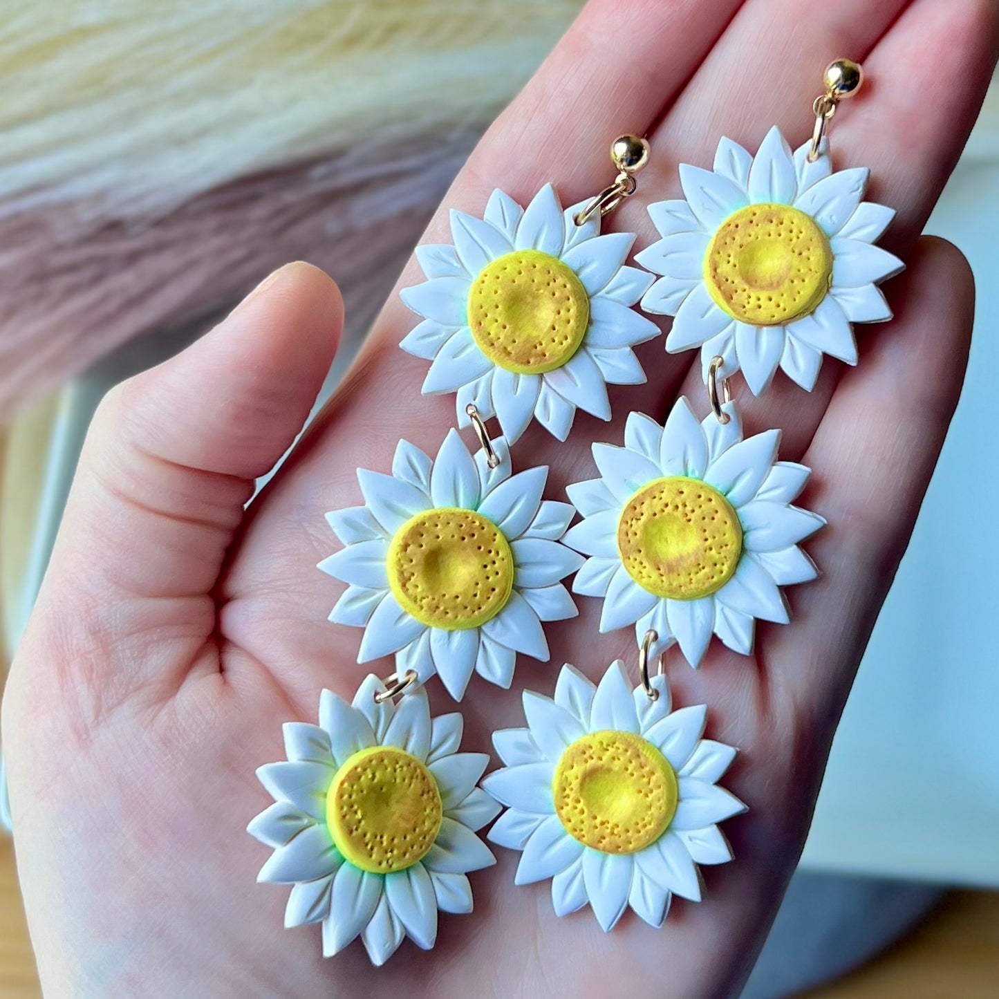 White Daisy Polymer Clay Earrings