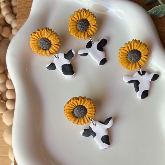 Sunflower Cow Polymer Clay Earrings