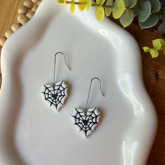 Glow in the Dark Spiderweb Heart Clay Dangle Earrings