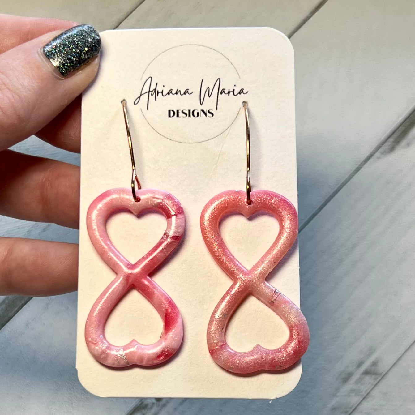 Pink Marble Heart Infinity Polymer Clay Earrings