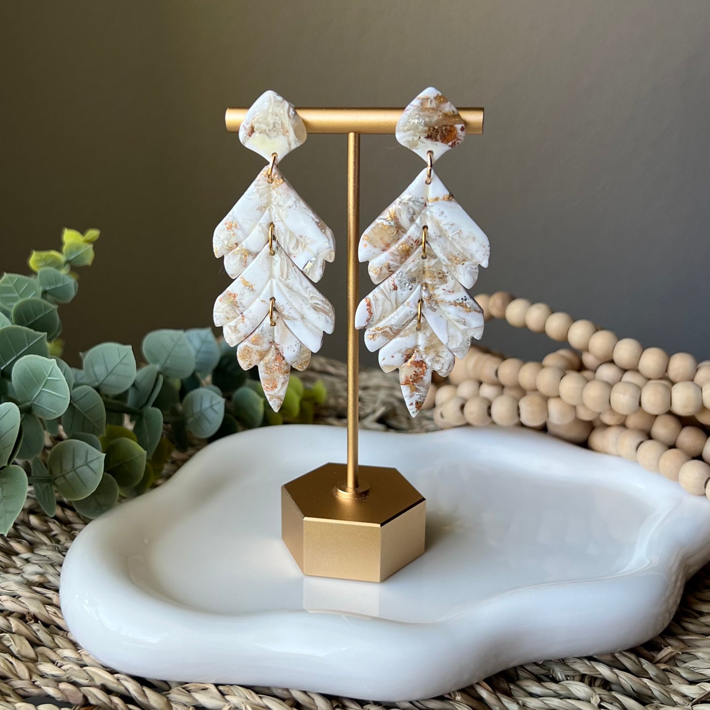 Warm Ivory Feather Statement Clay Earrings