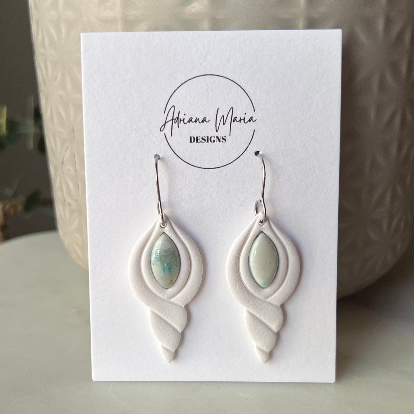 White Seashell and Soft Seafoam Bezel Polymer Clay Earrings, Lightweight Dangles, Coastal