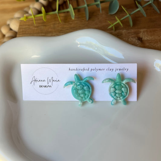 Sea Turtle Ocean Waves Polymer Clay Stud Earrings