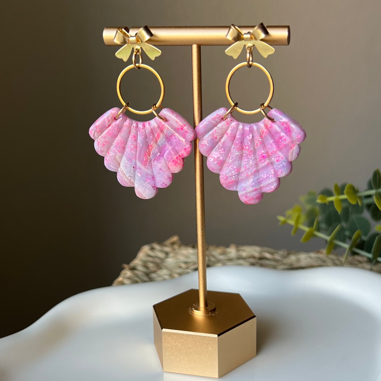 Pink & Purple Scalloped Fan Polymer Clay Earrings with Bow