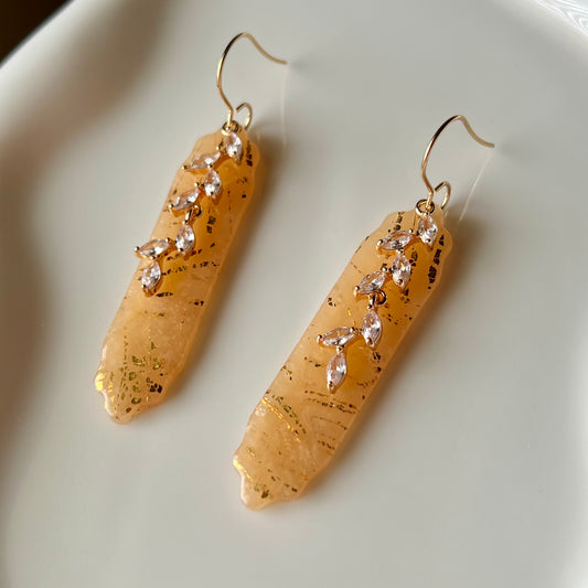 Beige Translucent Bar & CZ Vine Pendant Polymer Clay Dangle Earrings