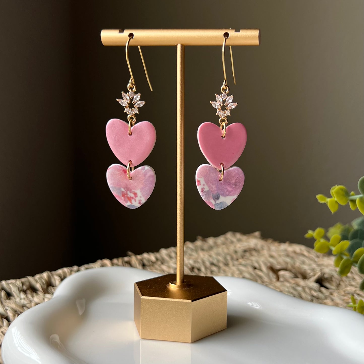 Soft Bloom Hearts Polymer Clay Dangle Earrings