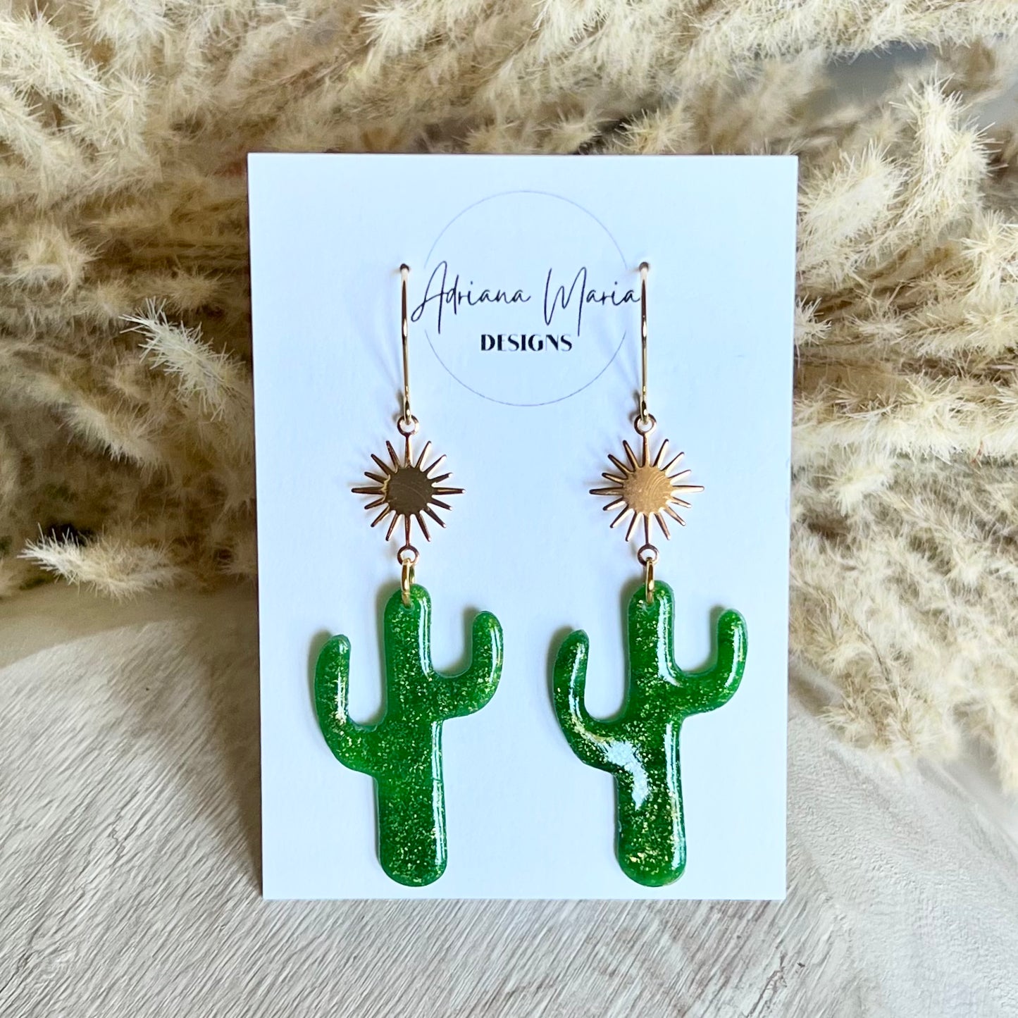 Dark Green Cactus Sunburst Polymer Clay Earrings