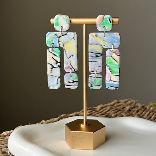 Chromatic Pulse Geometric Tiered Polymer Clay Statement Earrings