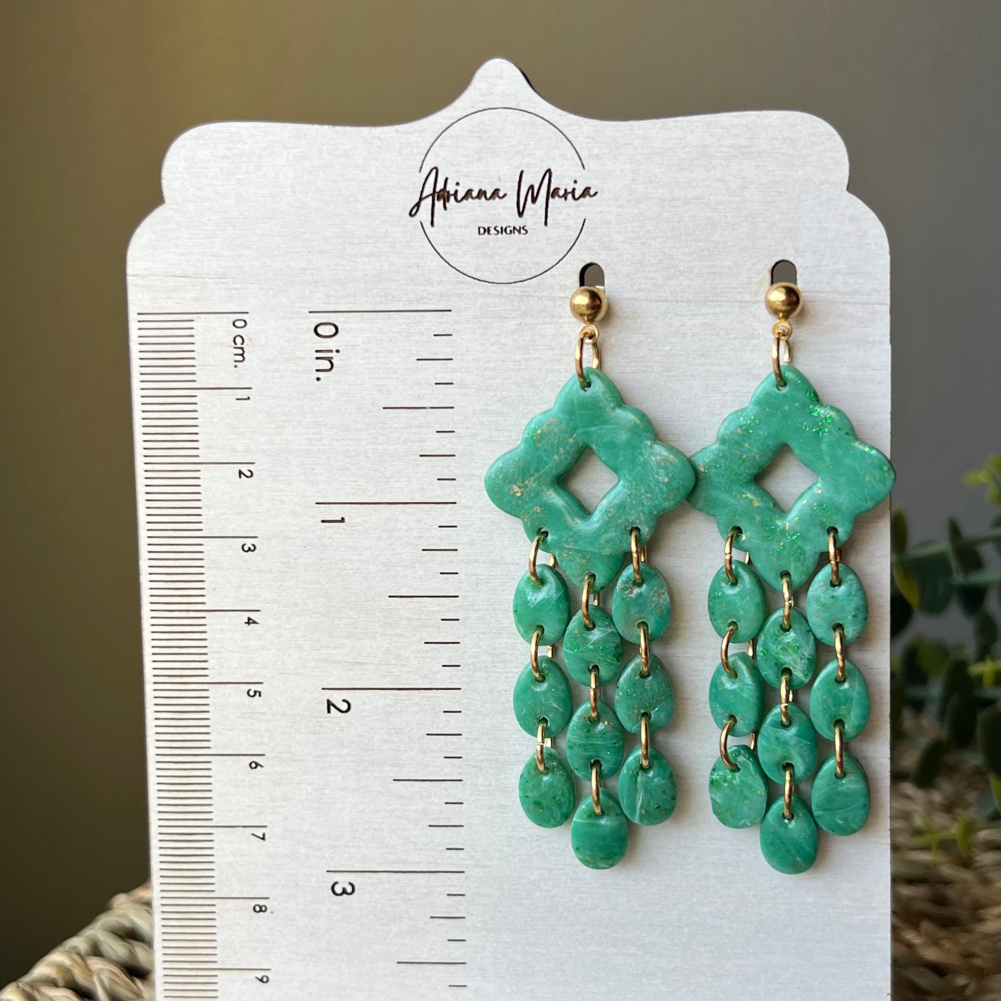 Green Marbled Chandelier Polymer Clay Statement Dangle Earrings