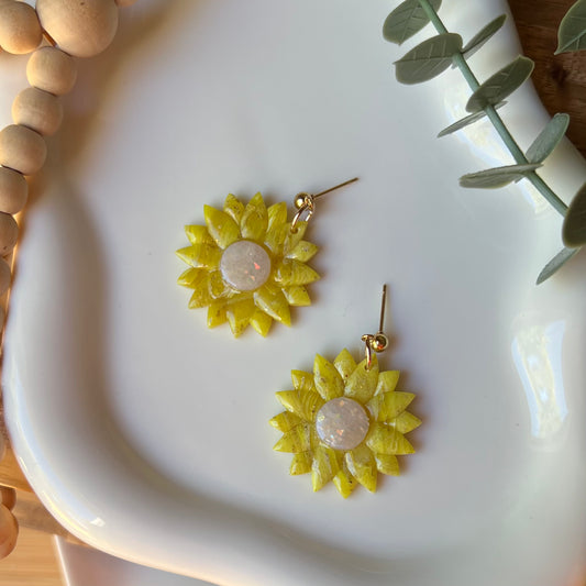 Yellow Marbled Daisy Flower Polymer Clay Earrings