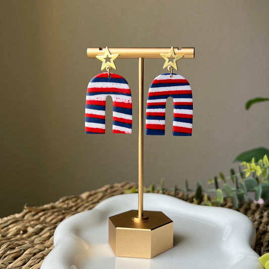 Red, Blue, and White Striped Arches Polymer Clay Dangle Earrings