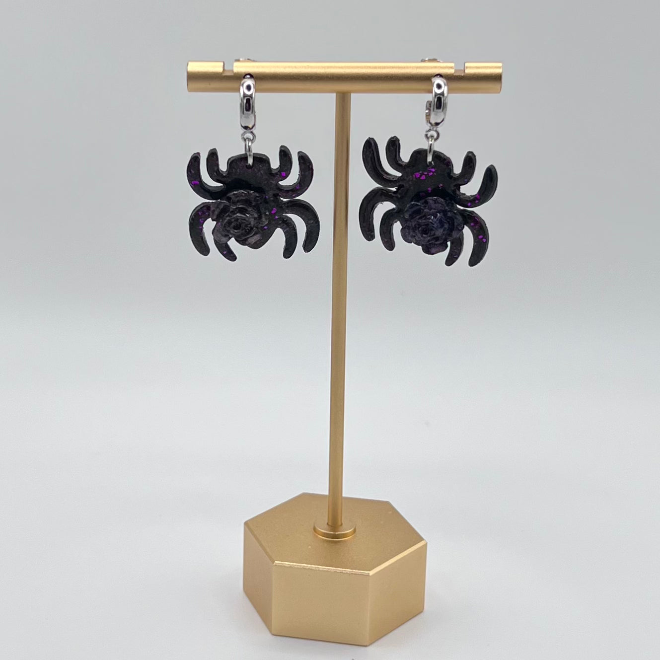 Black & Purple Spider with Rose Polymer Clay Half Hoop Earrings
