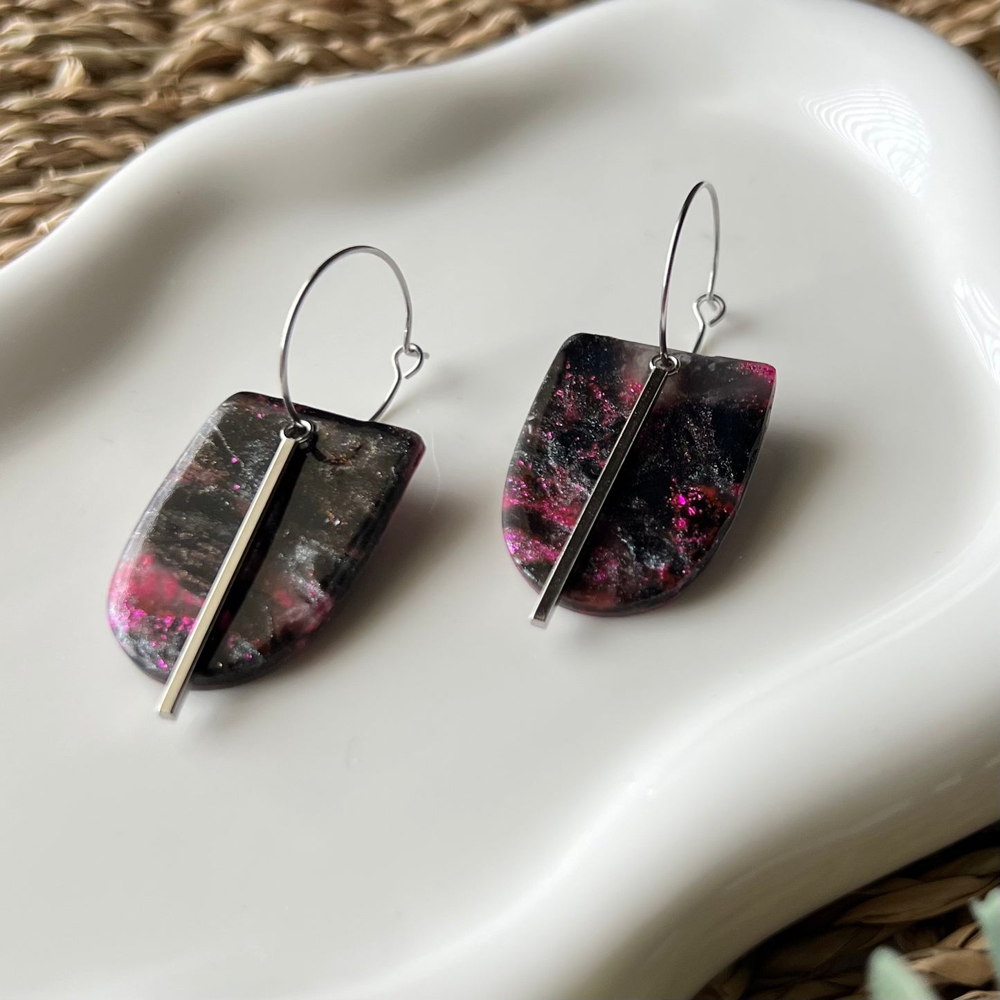 Polymer Clay Earrings - Black & Purple Marbled Hoop Dangles