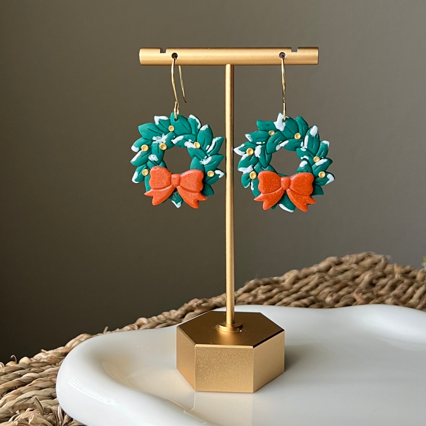 Christmas Wreath & Bow Polymer Clay Earrings