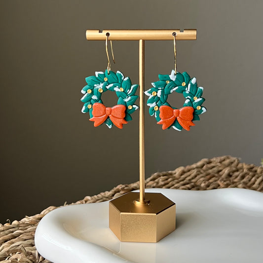 Christmas Wreath & Bow Polymer Clay Earrings