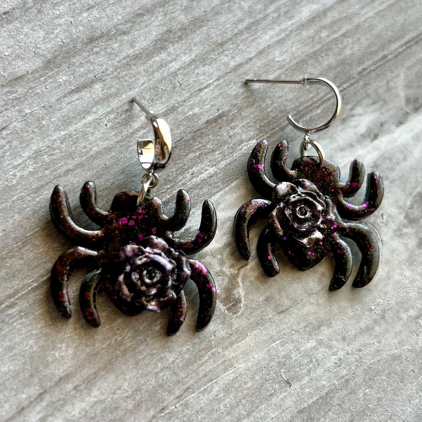 Black & Purple Spider with Rose Polymer Clay Half Hoop Earrings