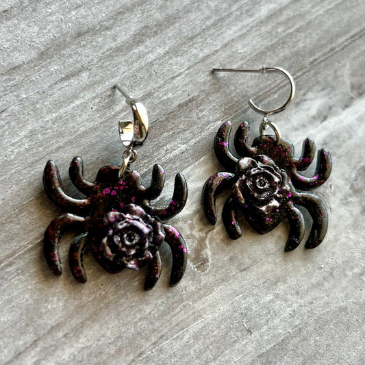 Black & Purple Spider with Rose Polymer Clay Half Hoop Earrings