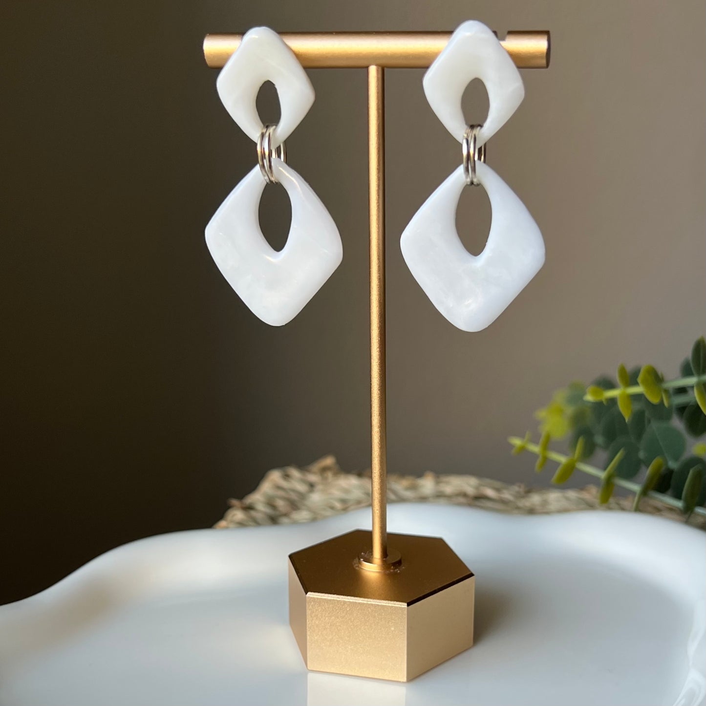 White & Translucent Marbled Polymer Clay Earrings