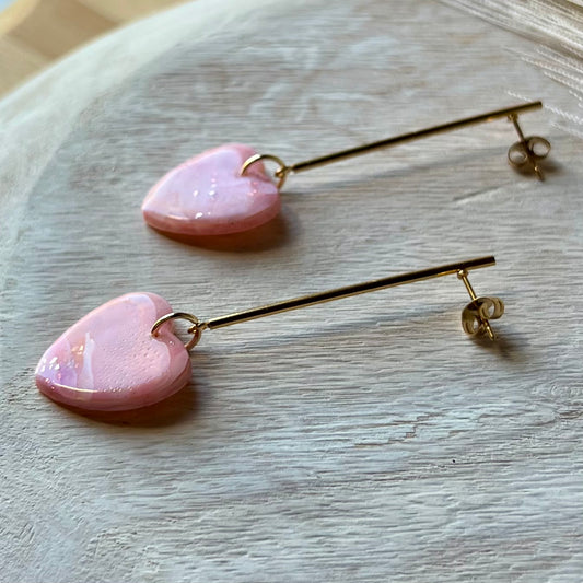 Polymer Clay Earrings - Soft Pink Marbled Heart Shape Lightweight Dangles