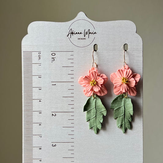 Polymer Clay Earrings - Coral Flower & Green Leaf Lightweight Dangles