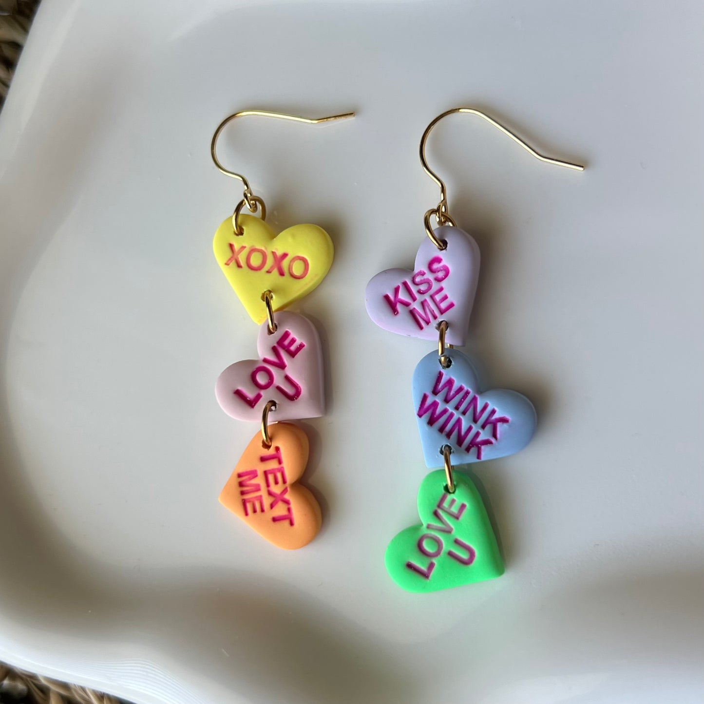Valentine’s Day Conversation Candy Heart Polymer Clay Dangle Earrings