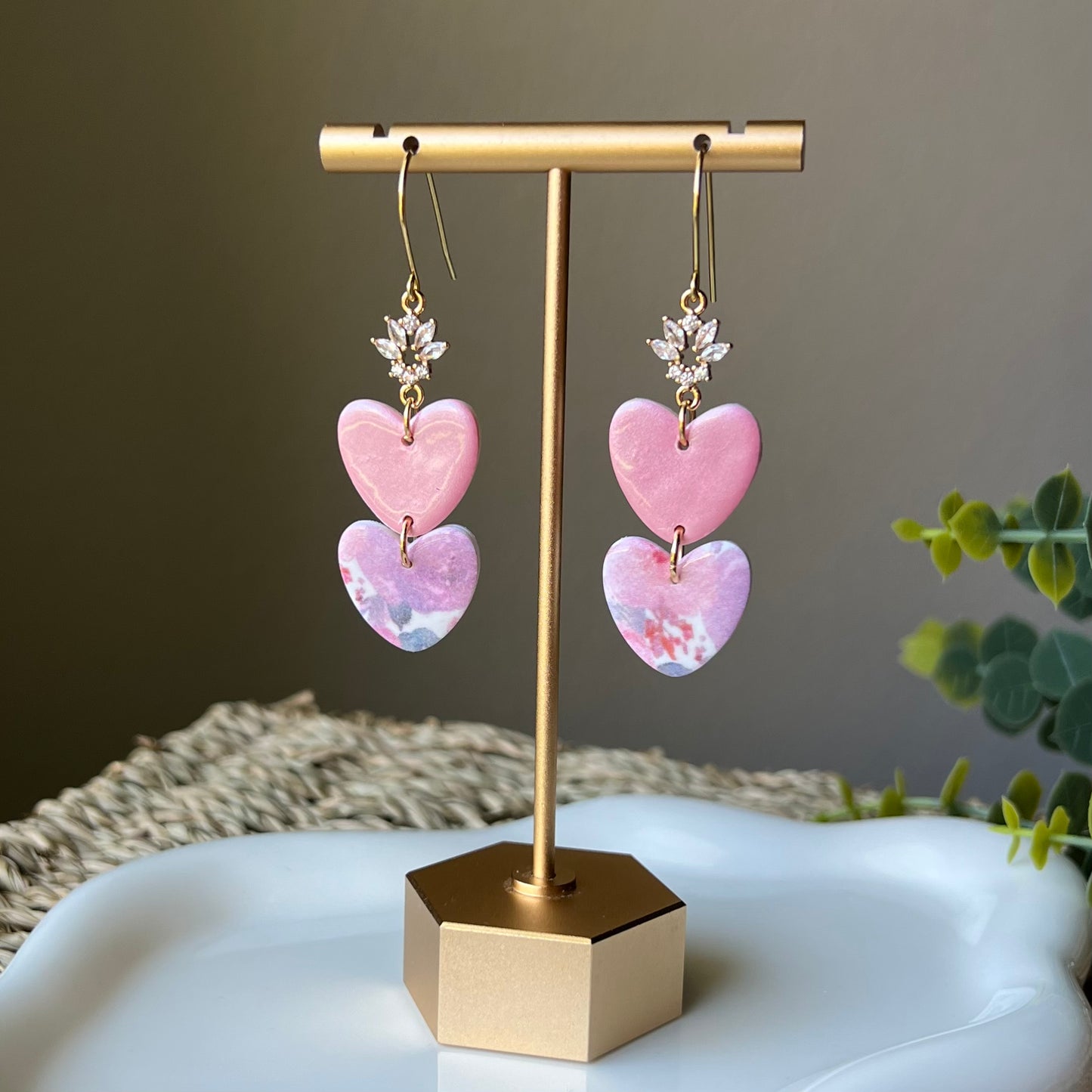 Soft Bloom Hearts Polymer Clay Dangle Earrings