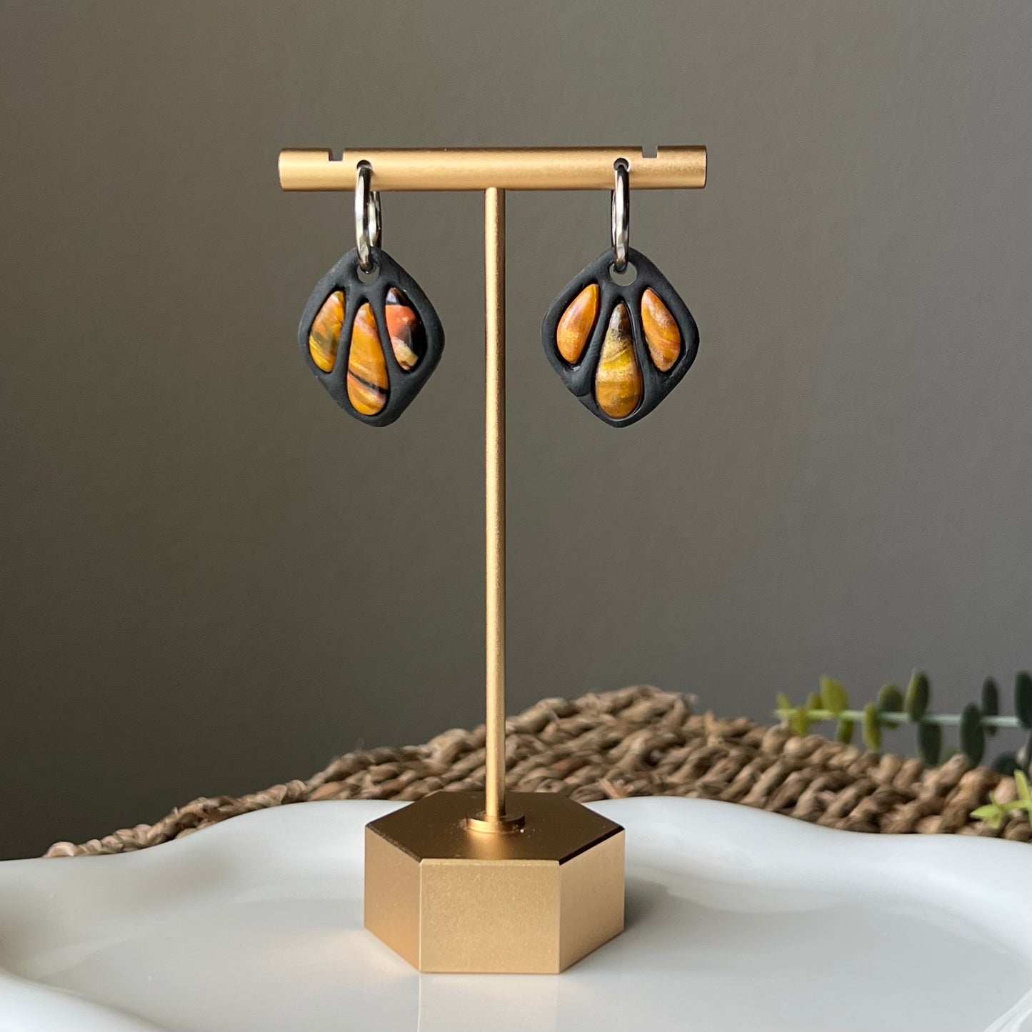 Amber Flame: Bezel Polymer Clay Huggie Hoop Earrings