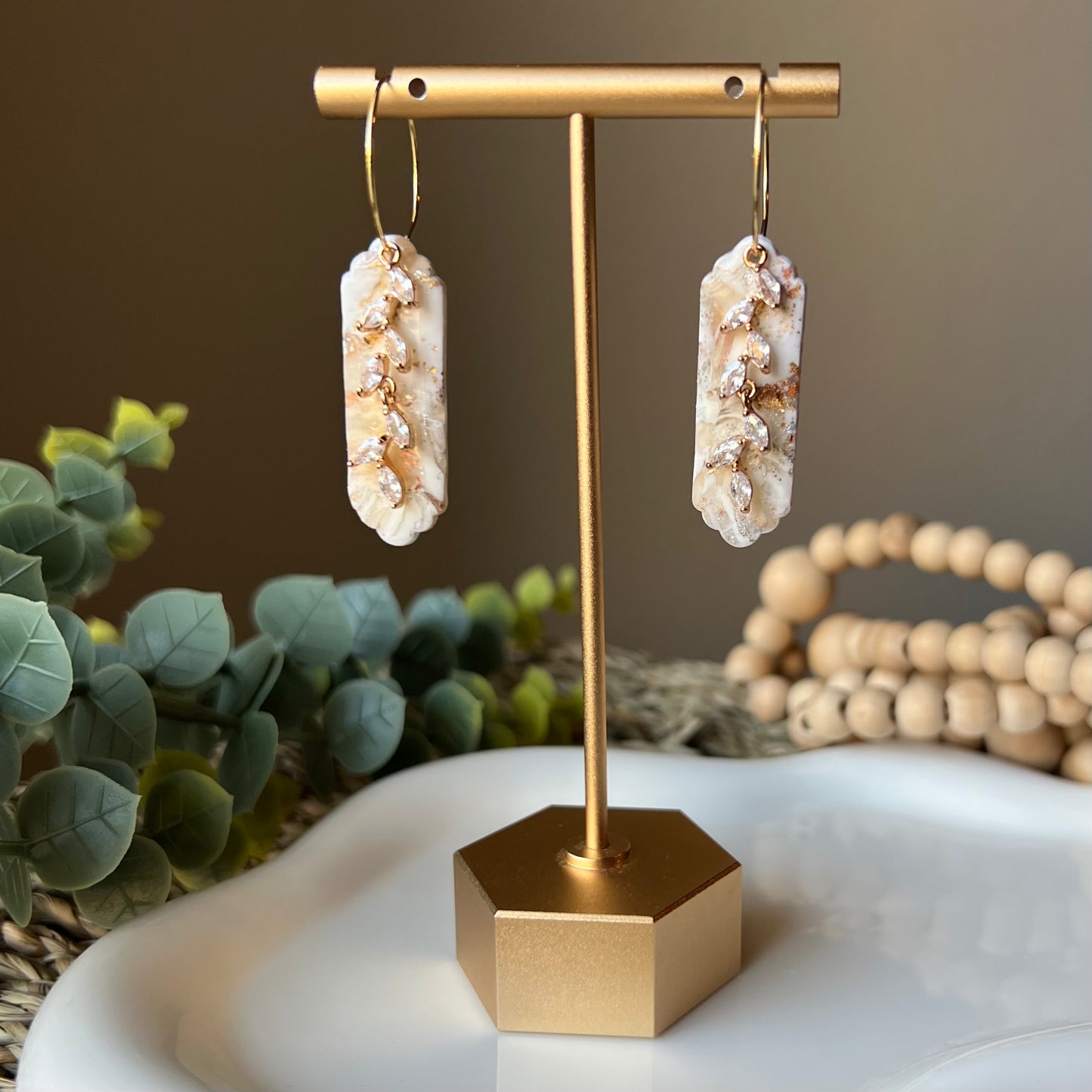 Warm Ivory Clay Hoop Earrings with CZ Pendant