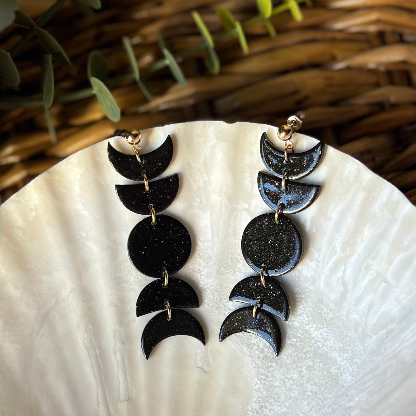 Black Sparkly Moon Phase Clay Earrings