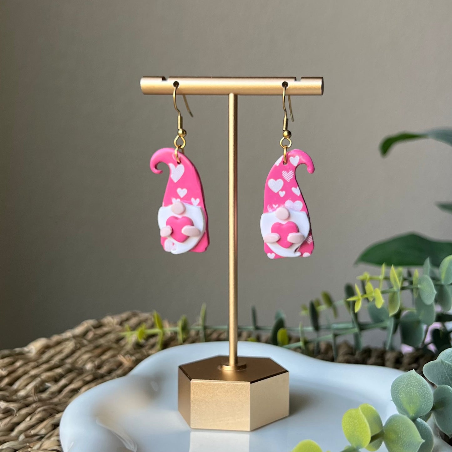 Pink Heart Gnome Polymer Clay Dangle Earrings