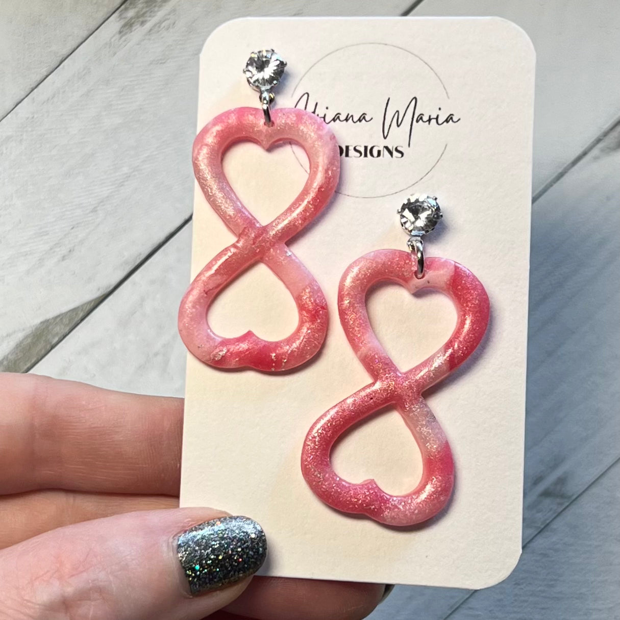 Pink Marble Heart Infinity Polymer Clay Earrings
