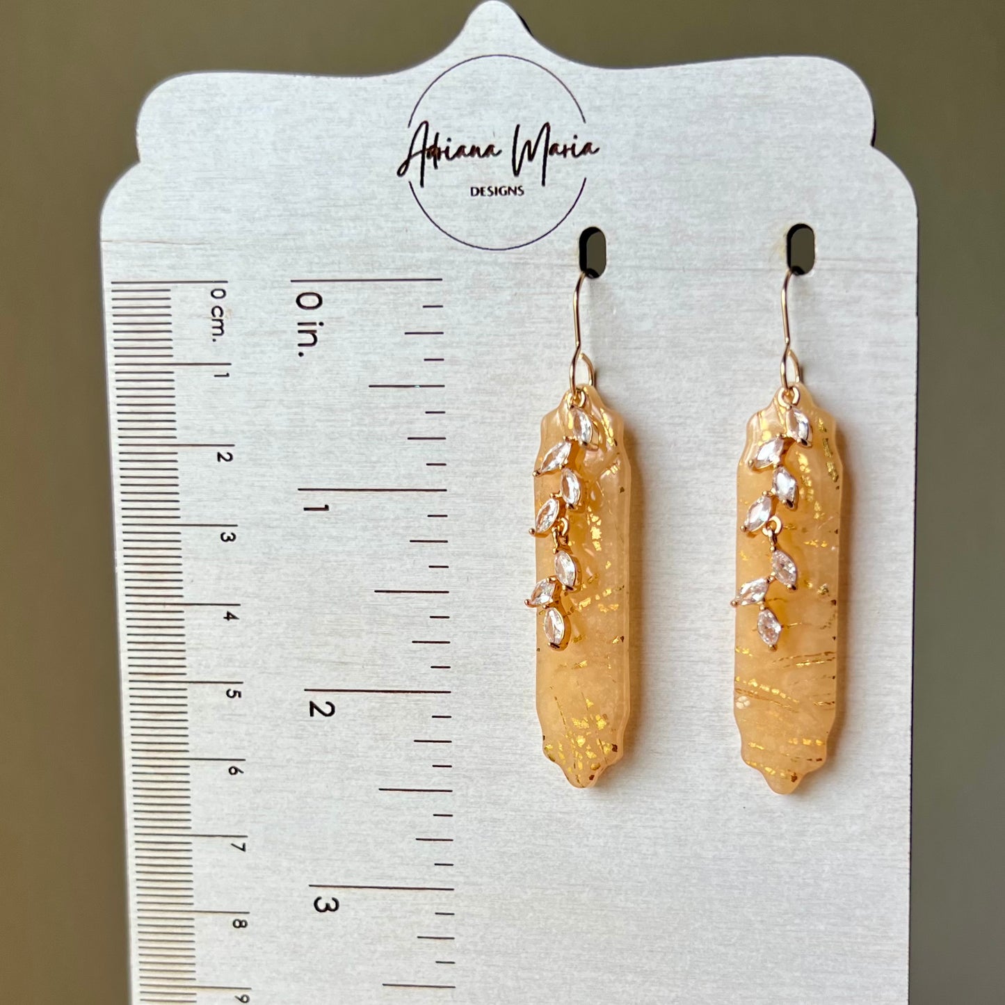 Beige Translucent Bar & CZ Vine Pendant Polymer Clay Dangle Earrings