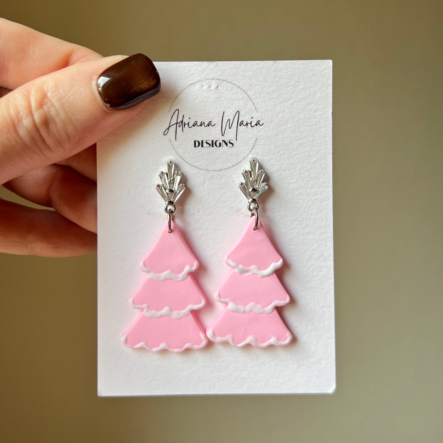 Pink Christmas Tree Polymer Clay Earrings