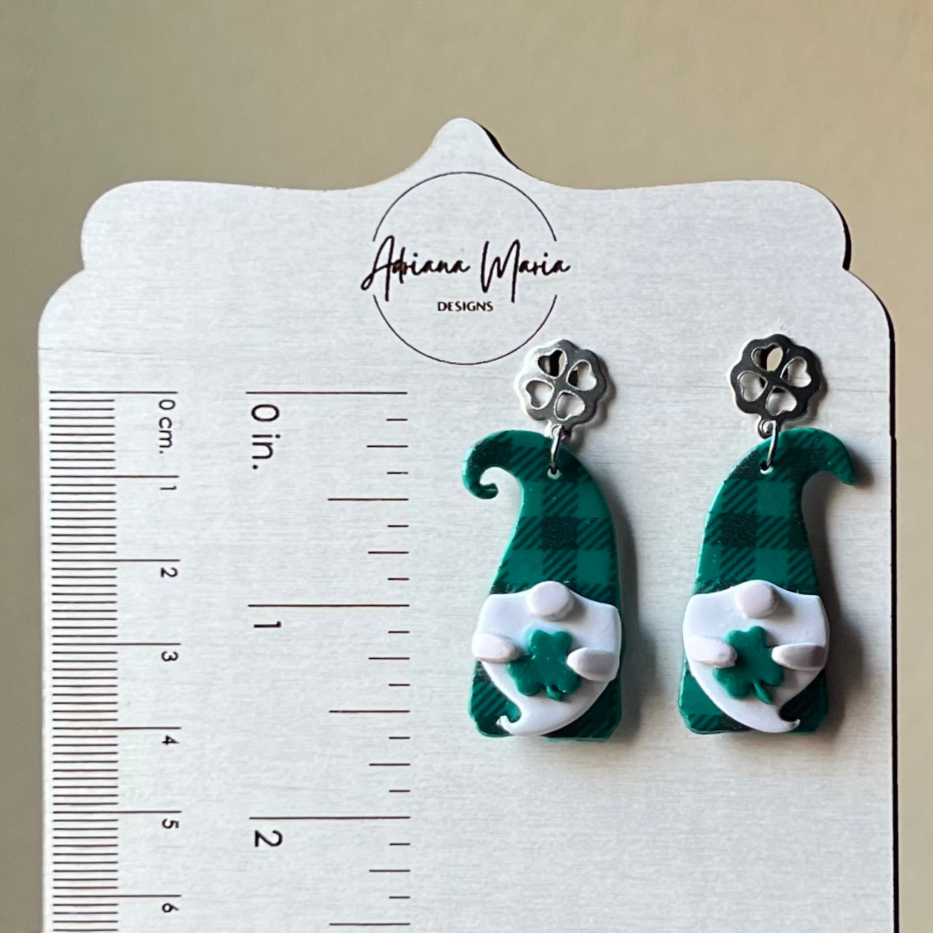 Green & Black Gingham Print Gnome Polymer Clay Earrings
