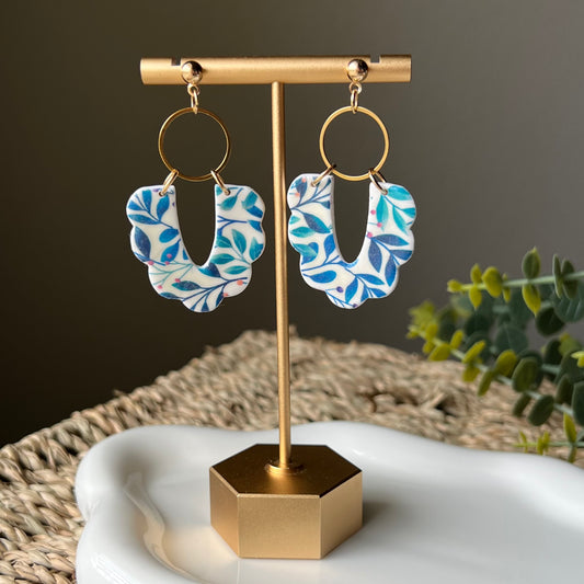 Polymer Clay Earrings - Blue & White Spring Floral Print Scalloped Lightweight Dangles