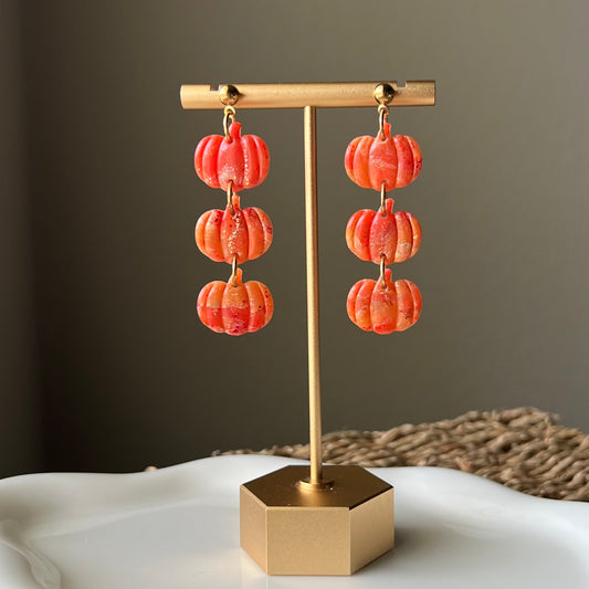 Autumn Sunset: Triple Pumpkin Polymer Clay Dangle Earrings