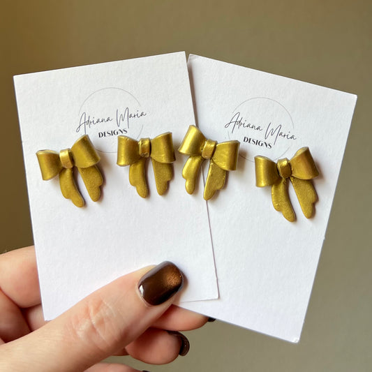 Antique Gold Shimmer Bow Polymer Clay Stud Earrings