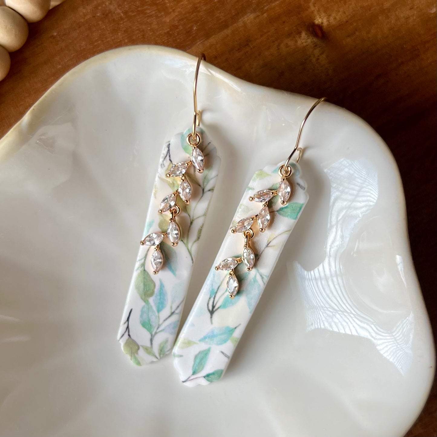 Spring Floral & CZ Vine Pendant Polymer Clay Dangle Earrings