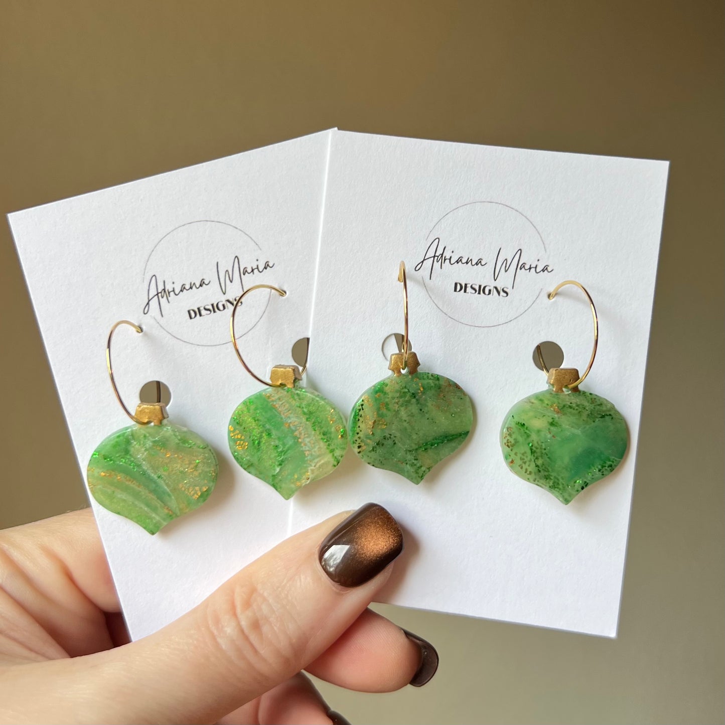 Green marbled Christmas Ornament Polymer Clay Earrings