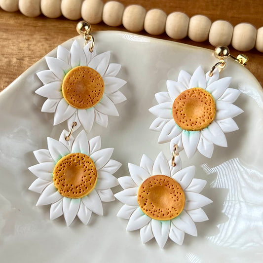 Large Spring White Daisy Polymer Clay Earrings