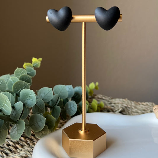 Black Puffy Heart Polymer Clay Stud Earrings