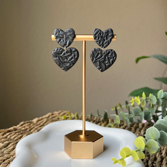 Black Floral Textured Heart Polymer Clay Dangle Earrings