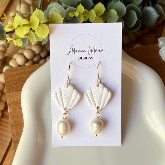 White Shell & Pearl Polymer Clay Dangle Earrings