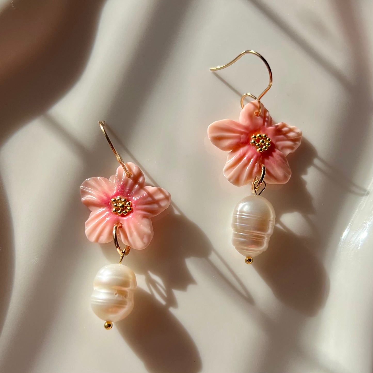 Cherry Blossom Sakura Flower & Pearl Clay Earrings