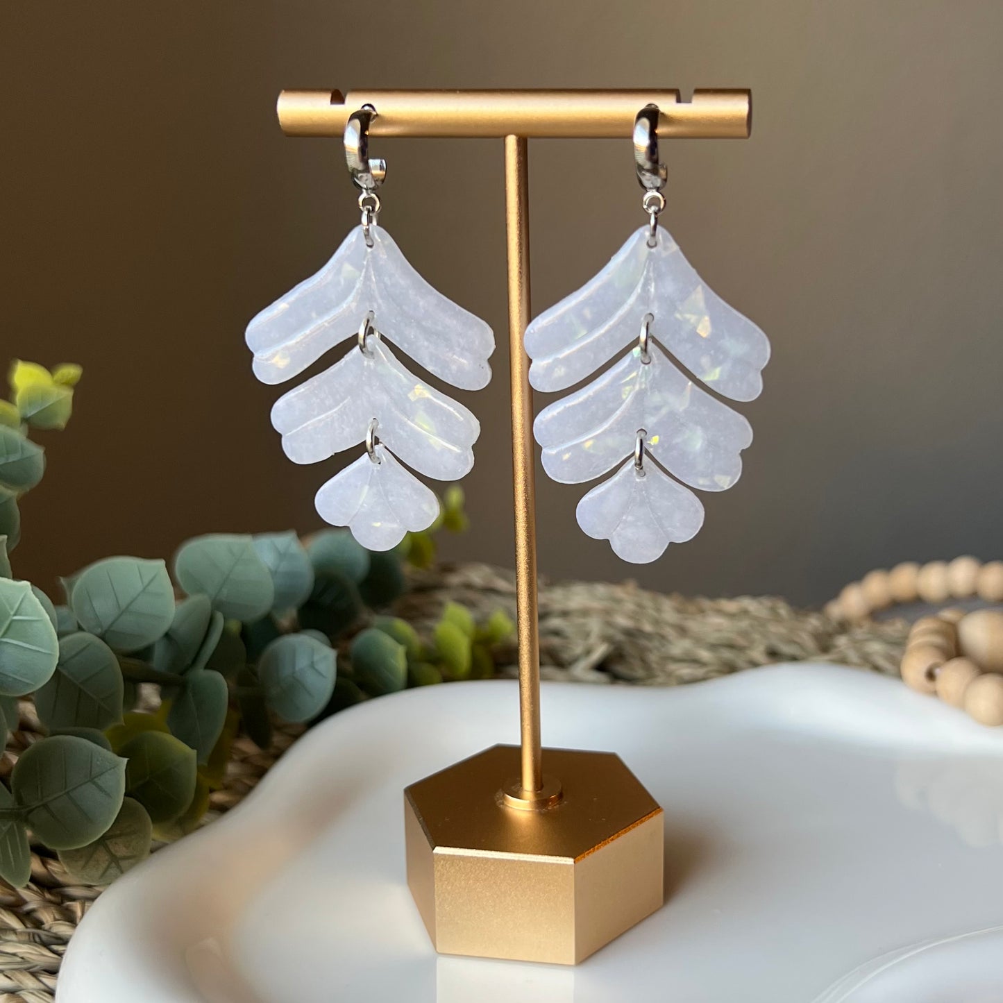 Holographic Translucent Feather Polymer Clay Half Hoop Earrings